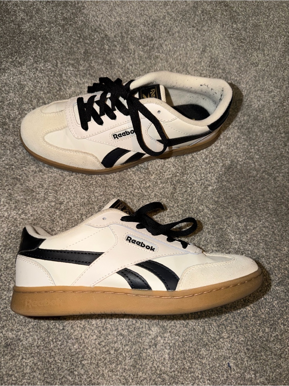 Reebok White and Black Retro Trainer with Gum Sole